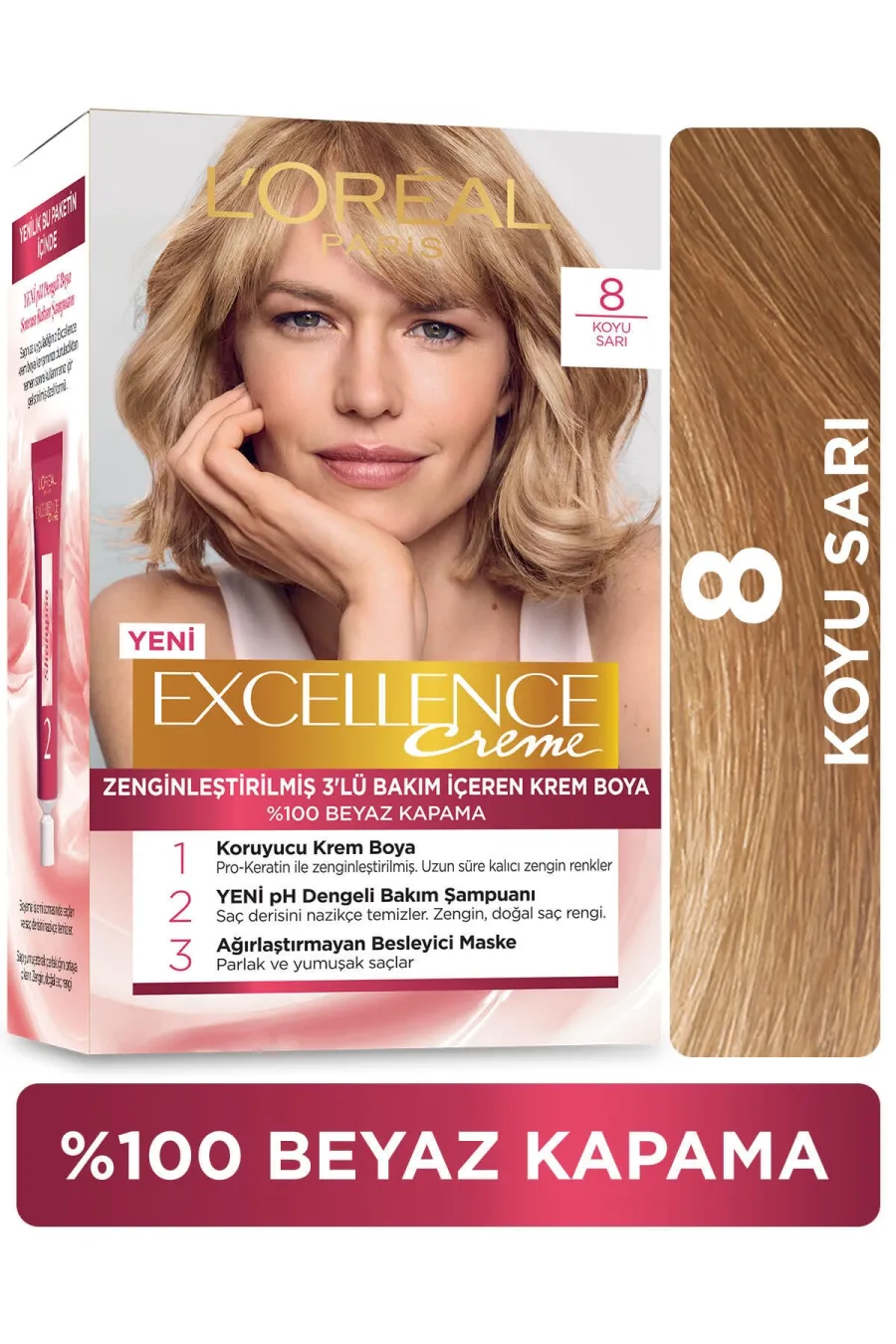 رنگ بلوند روشنبسته شامل : Excellence Creme Saç Boyası 8 Koyu Sarı لورال پاریس L'Oreal Paris پک رنگ موی شماره 8