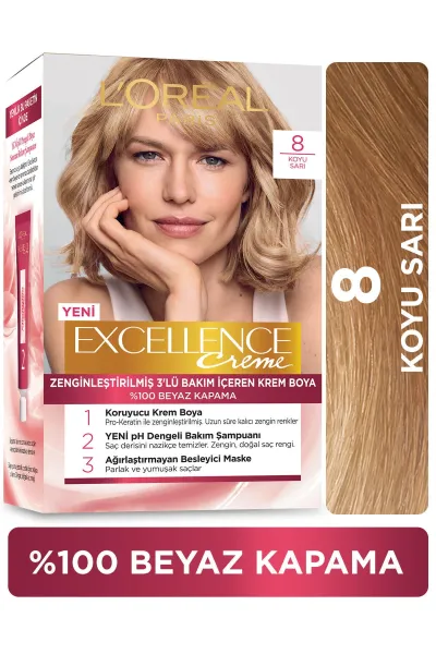 رنگ-بلوند-روشنبسته-شامل-:-Excellence-Creme-Saç-Boyası-8-Koyu-Sarı-لورال-پاریس-L'Oreal-Paris-پک-رنگ-موی-شماره-8