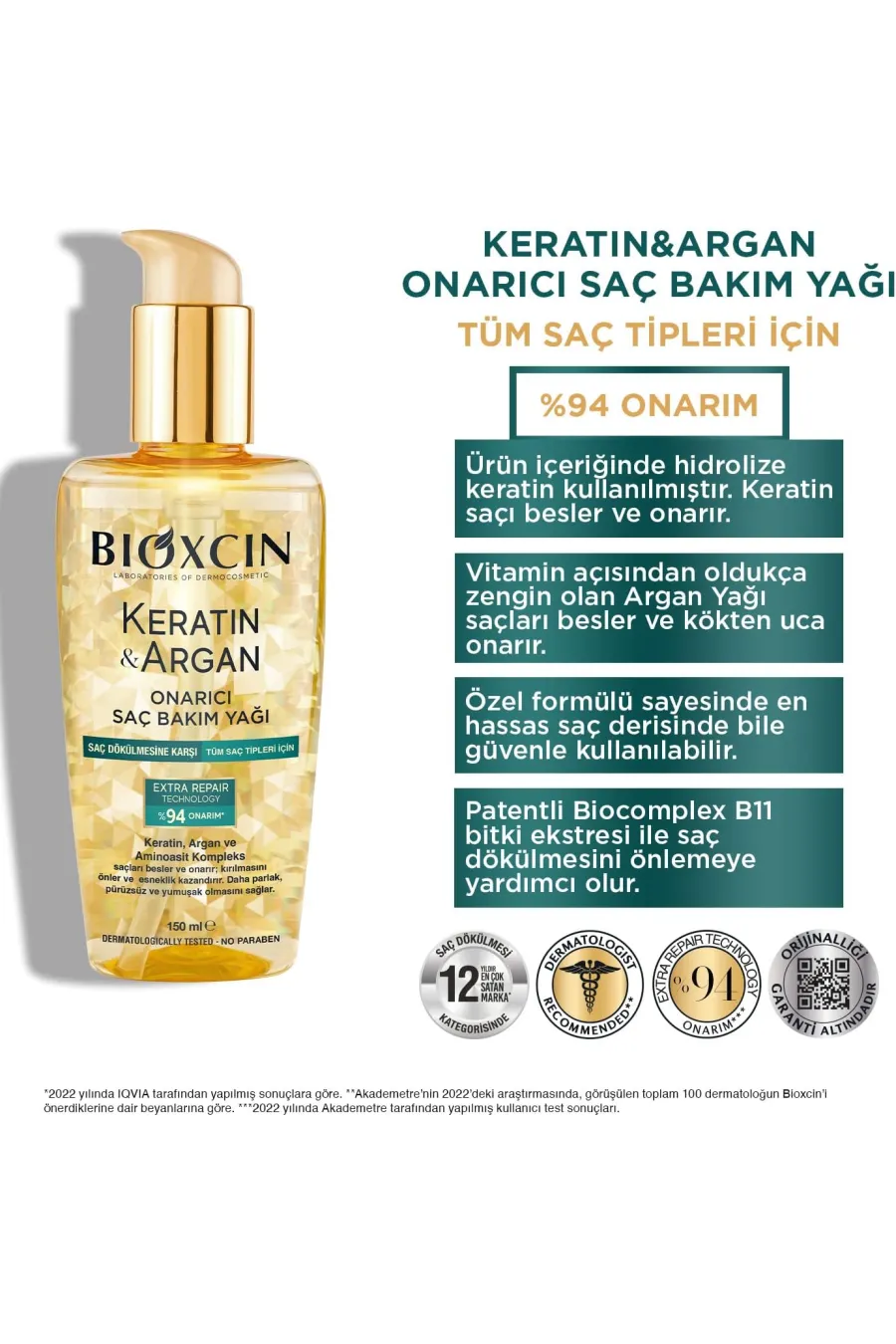 مناسب برای همه موهاقابل استفاده بر روی ساقه موها و پوست سر Bioxcin Keratin & Argan Onarıcı Saç Bakım Yağı 150 Ml بیوکسین BIOXCIN روغن مو آرگان و کراتین