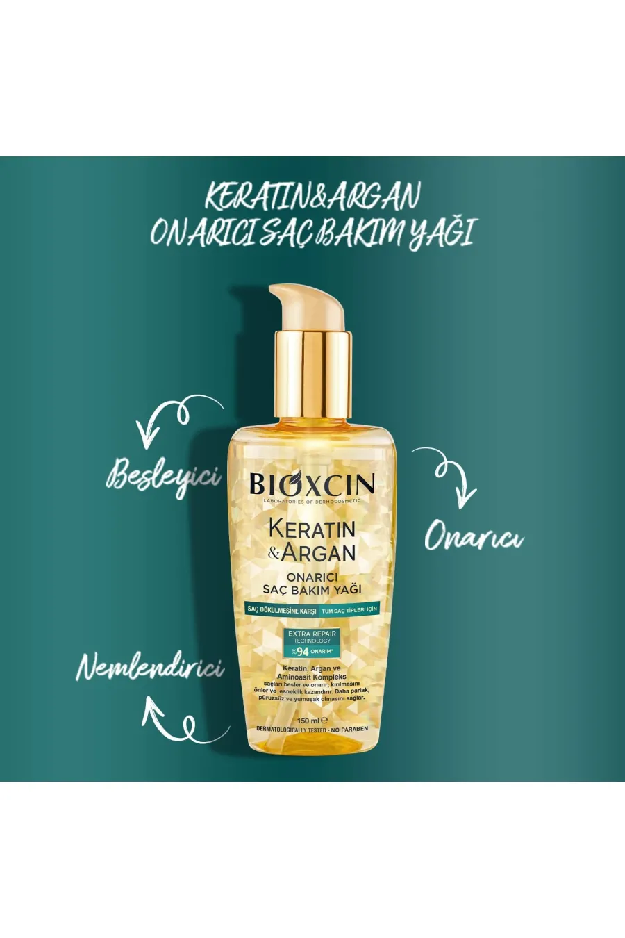 مناسب برای همه موهاقابل استفاده بر روی ساقه موها و پوست سر Bioxcin Keratin & Argan Onarıcı Saç Bakım Yağı 150 Ml بیوکسین BIOXCIN روغن مو آرگان و کراتین