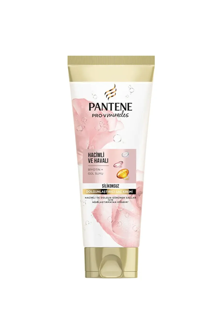 حاوی بایوتنعصاره گل زر و پرو ویتامین PantenePantene Silikonsuz Hacim Veren Dolgunlaştırıcı Saç Bakım Kremi Biotin ve Gül Suyu 275 Ml پانتن Pantene ماسک مو حجم دهنده