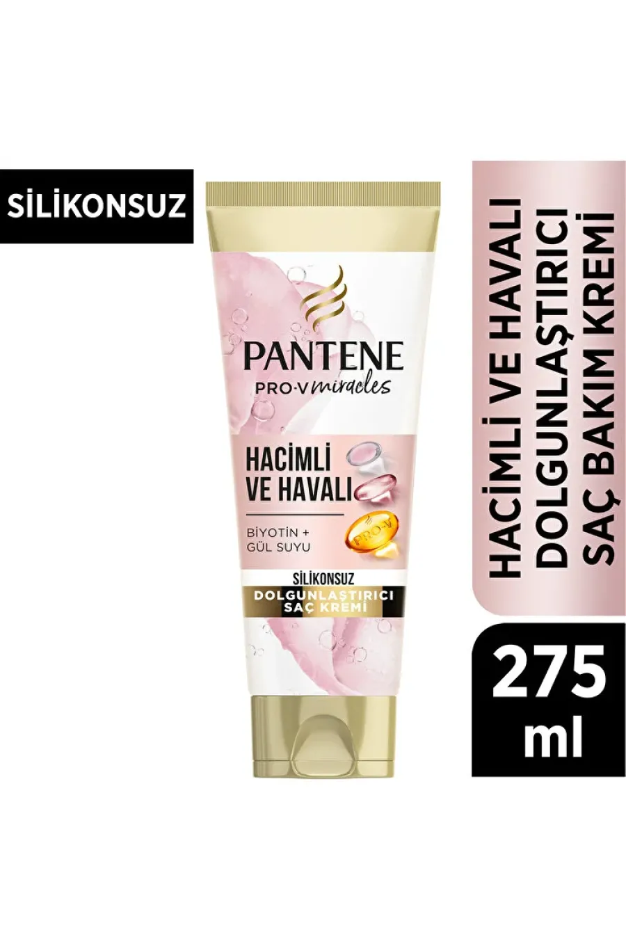 حاوی بایوتنعصاره گل زر و پرو ویتامین PantenePantene Silikonsuz Hacim Veren Dolgunlaştırıcı Saç Bakım Kremi Biotin ve Gül Suyu 275 Ml پانتن Pantene ماسک مو حجم دهنده