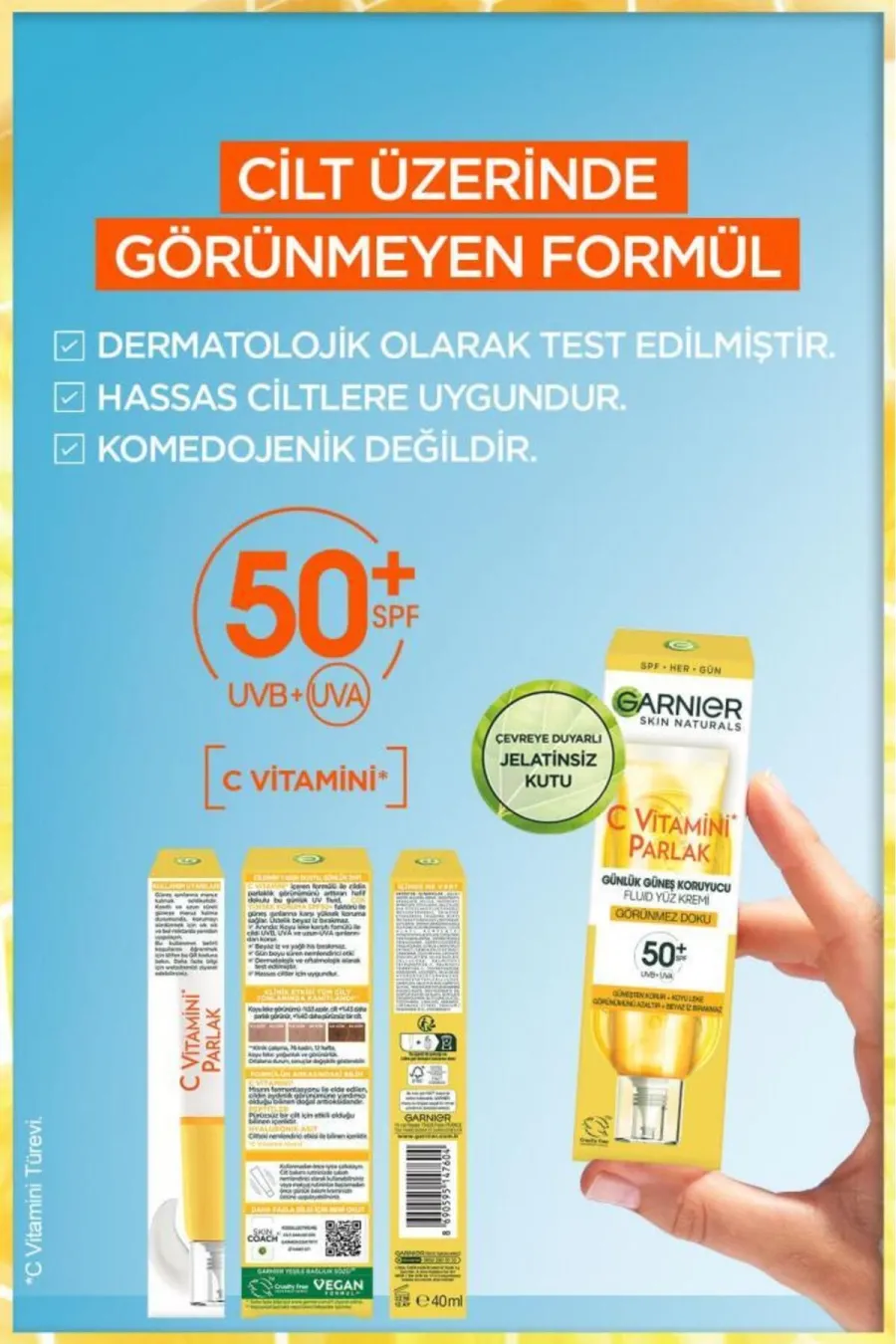 بدون رنگدارای اس پی اف Spf 50 C Vitamini Günlük Uv Korumalı Güneş Yüz Kremi Spf50 Görünmez Doku 40ml گارنیر Garnier ضد آفتاب فلوئیدی ویتامین C