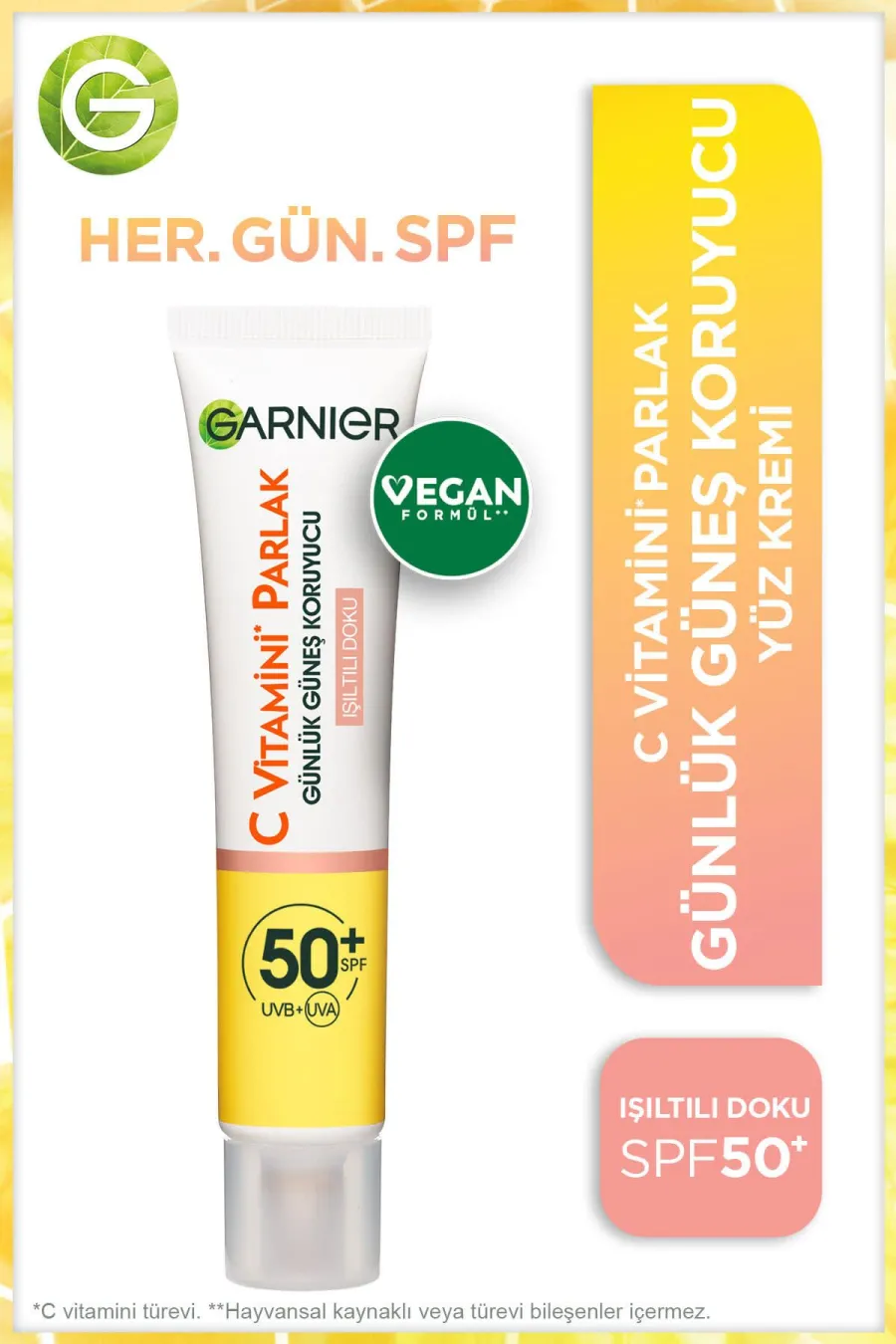 دارای اس پی اف Spf 50دارای بافت سبک و بدون چربی C Vitamini Parlak Günlük Uv Korumalı Güneş Yüz Kremi Spf50 Işıltılı Doku 40ml گارنیر Garnier ضد آفتاب فلوئیدی رنگی ویتامین C