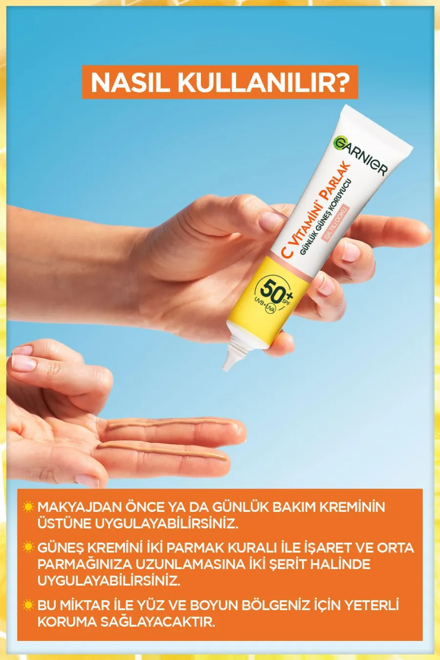 دارای اس پی اف Spf 50دارای بافت سبک و بدون چربی C Vitamini Parlak Günlük Uv Korumalı Güneş Yüz Kremi Spf50 Işıltılı Doku 40ml گارنیر Garnier ضد آفتاب فلوئیدی رنگی ویتامین C