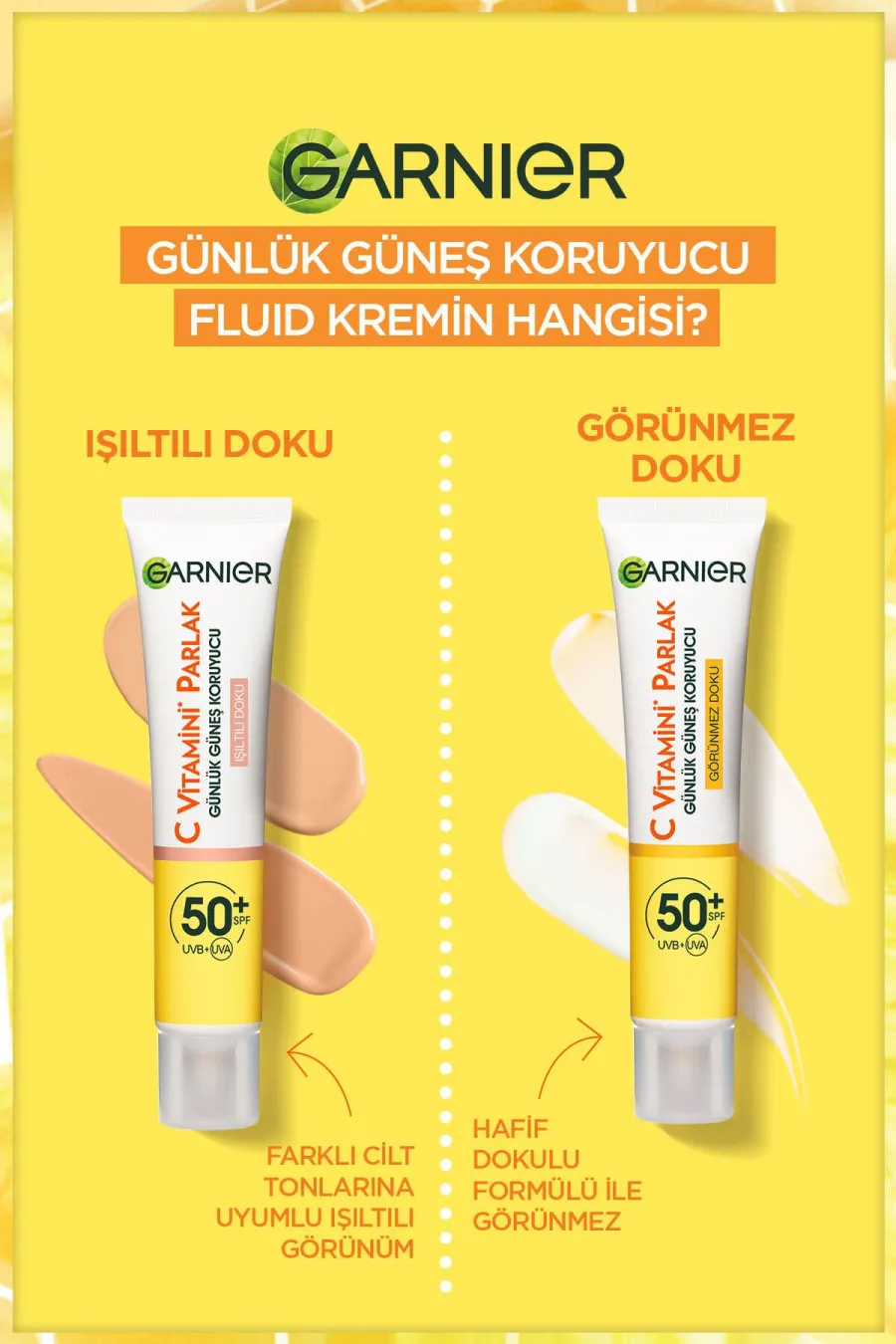 دارای اس پی اف Spf 50دارای بافت سبک و بدون چربی C Vitamini Parlak Günlük Uv Korumalı Güneş Yüz Kremi Spf50 Işıltılı Doku 40ml گارنیر Garnier ضد آفتاب فلوئیدی رنگی ویتامین C