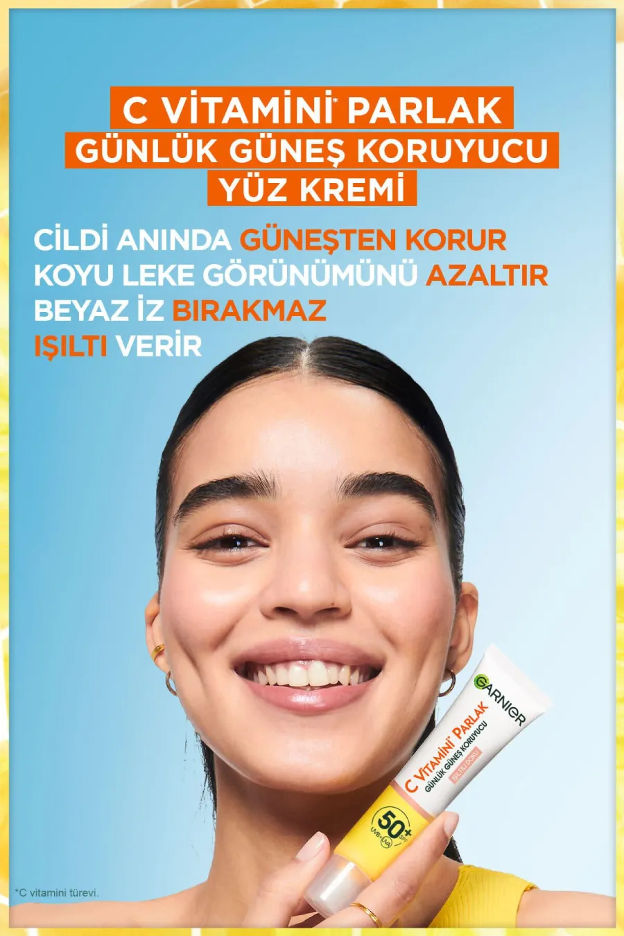 دارای اس پی اف Spf 50دارای بافت سبک و بدون چربی C Vitamini Parlak Günlük Uv Korumalı Güneş Yüz Kremi Spf50 Işıltılı Doku 40ml گارنیر Garnier ضد آفتاب فلوئیدی رنگی ویتامین C