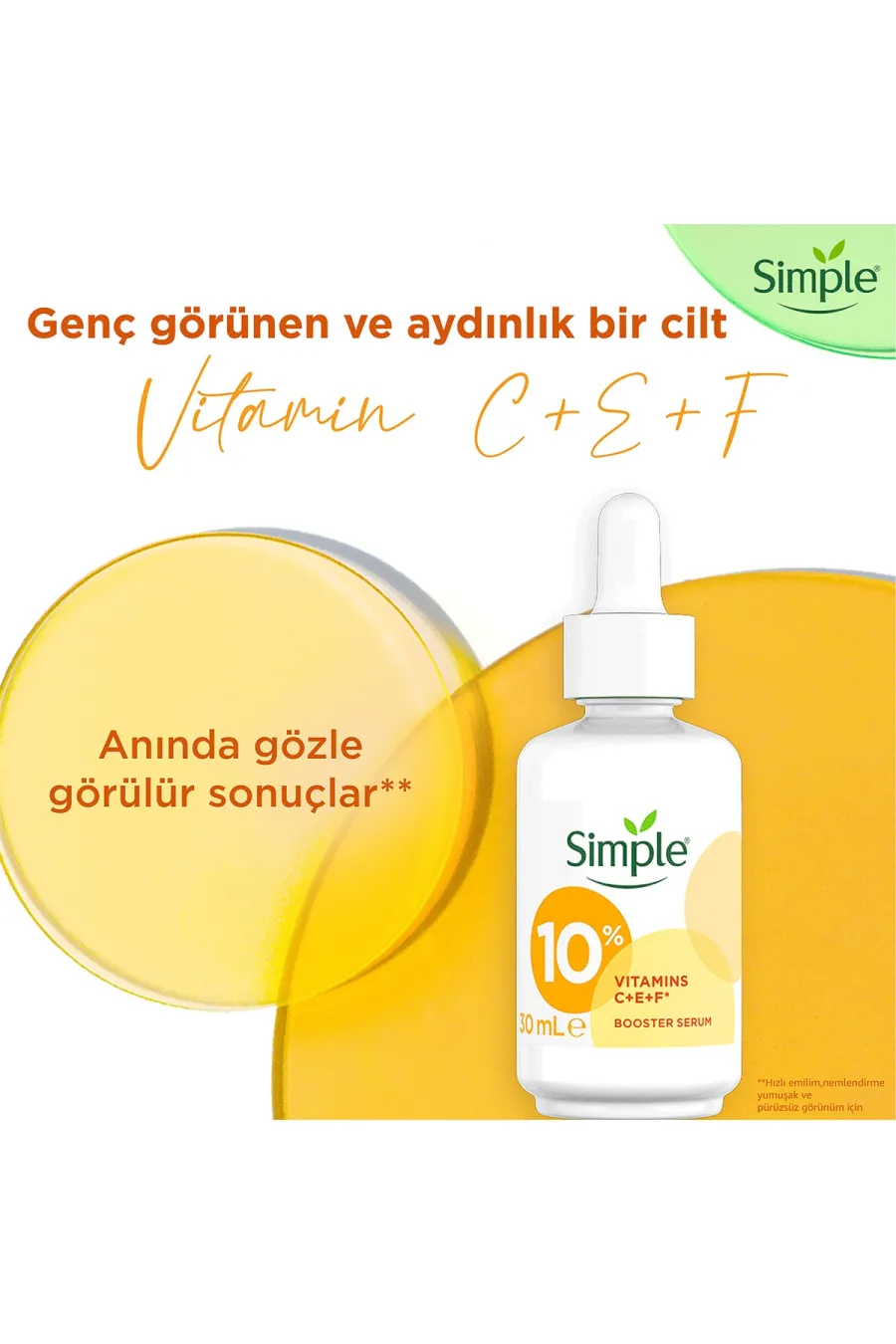 مناسب برای انواع پوست هاحاوی ۱۰ درصد ویتامین C Booster Serum 10 C+F+E Vitamini Genç Görünen ve Aydınlık Cilt İçin 30 ml سیمپل Simple سرم ویتامین C