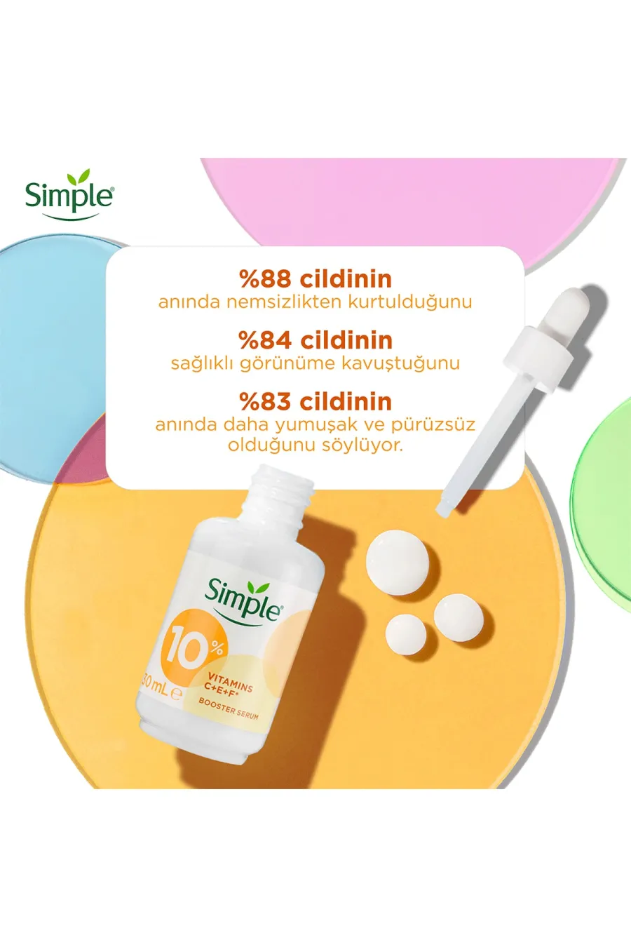 مناسب برای انواع پوست هاحاوی ۱۰ درصد ویتامین C Booster Serum 10 C+F+E Vitamini Genç Görünen ve Aydınlık Cilt İçin 30 ml سیمپل Simple سرم ویتامین C