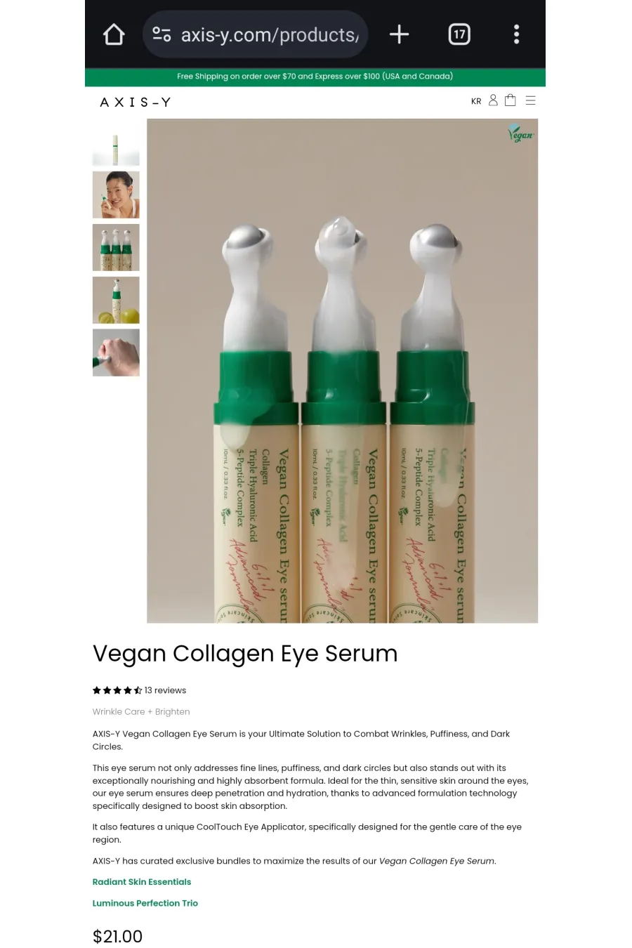 برطرف کننده چین و چروک دور چشمحاوی هیالورونیک اسید جهت آبرسانی پوست Vegan Collagen Eye Serum 10ml اکسیس وای AXIS y سرم دور چشم کلاژن غلطکی