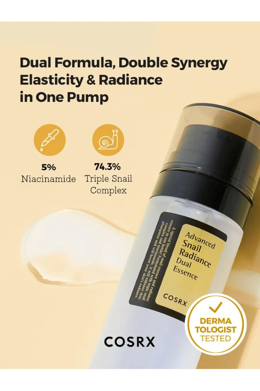 مناسب برای انواع تایپ های پوستیدارای 74 کمپلکس سه گانه ترشحات فیلتر شده حلزون Advanced Snail Radiance Dual Essence کوزارکس COSRX دوئال اسنس حلزون