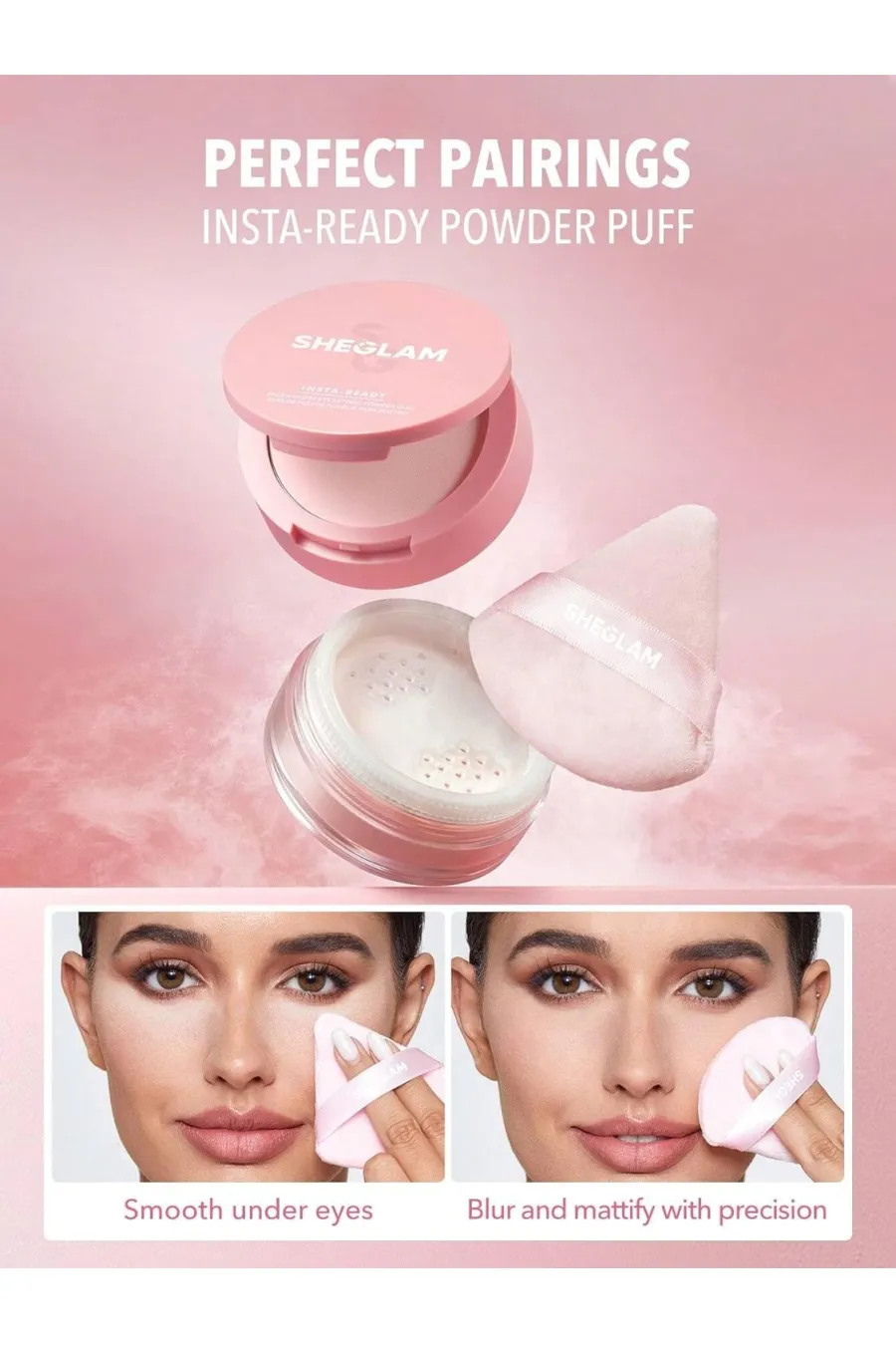 امکان اعمال برای انواع محصولات پودریتثبیت دقیق در هرجای صورت Insta Ready Powder Puff 3 Pcs Triangle Shaped Makeup Puff شیگلم Sheglam پد ۳ تایی مثلثی