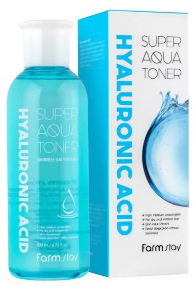 مناسب-برای-انواع-پوست-هاآبرسانی-به-پوست-Farmstay-Hyaluronic-Acid-Super-Aqua-Toner-(200ml)-فارم-استی-FarmStay-تونر-بمب‌-آبرسان-هیالورونیک-اسید