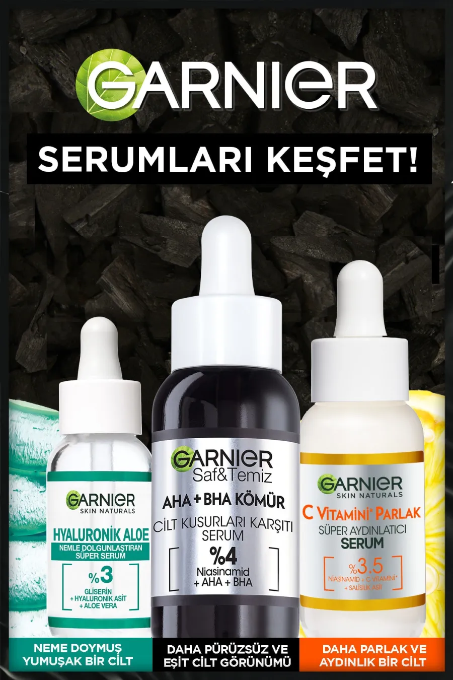 آبرسانی عمیق پوست تا ۴۸ ساعتجذب سریع و بدون چربی Aha + Bha Kömür Cilt Kusurları Karşıtı Serum 30 Ml گارنیر Garnier سرم زغال لایه بردار و شفاف کننده Aha + Bha