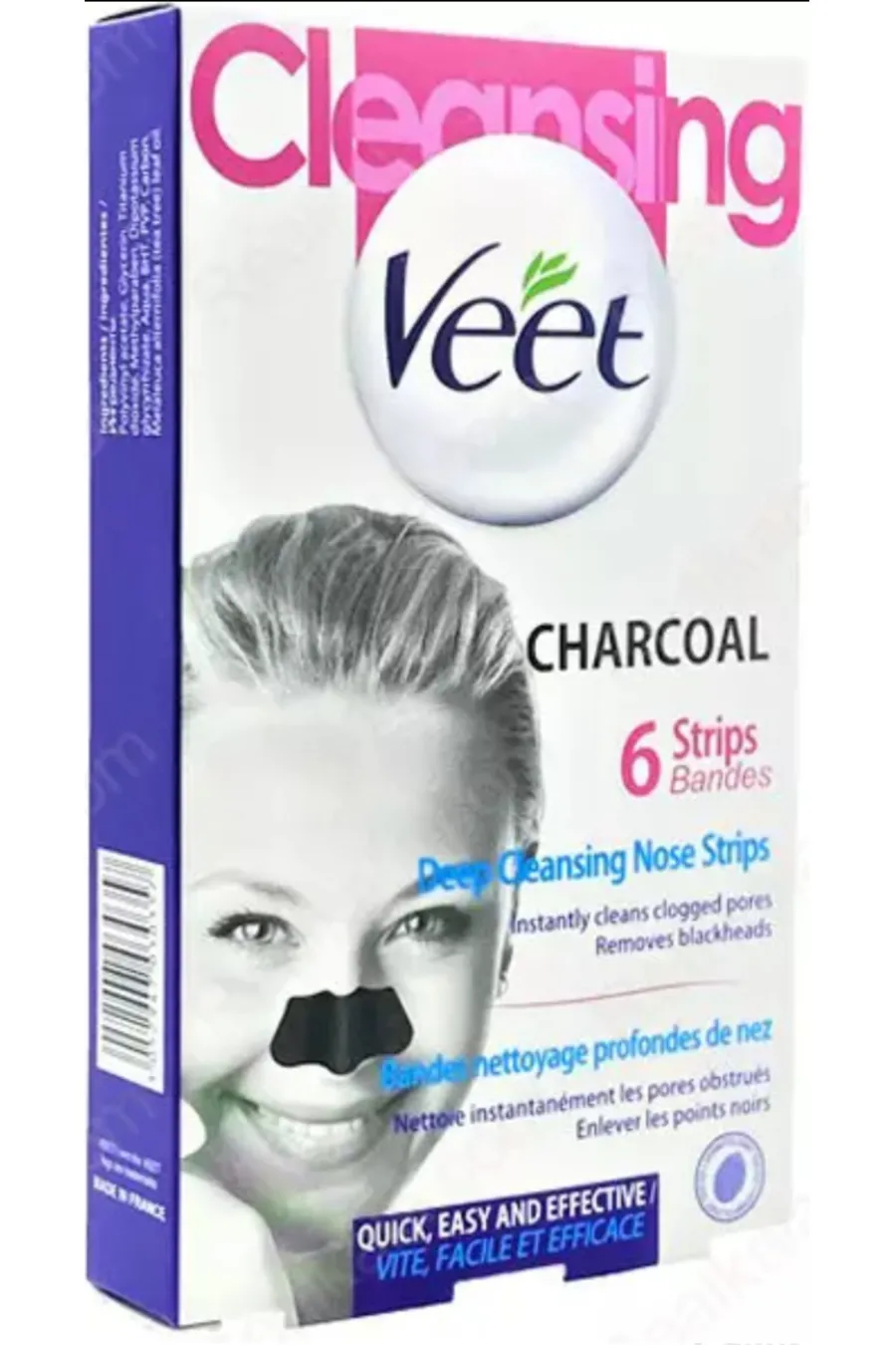 چسب بینی «Veet» مدل زغالی (Charcoal) از بین‌ برنده‌ی جوش‌های سرسیاه و آلودگی از سطح پوست است. استفاده از لوازم آرایشی نامرغوب نه تنها به پوست شما آسیب می‌رساند بلکه باعث بروز جوش‌های زیر پوستی و سرسیاه خواهد شد Deep cleansing Nose Strips Charcoal ویت Veet چسب‌ پاک کننده بینی ویت مدل زغال بسته 6 عددی