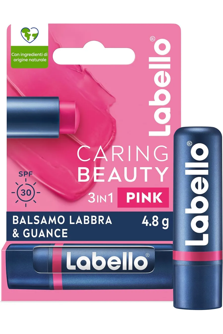 Caring Beauty Lip & Cheek Pink 4.8 g  Burrocacao labbra e guance con una nota di colore rosa  Balsamo labbra colorato e blush stick 2 in 1  Lip balm idratante con protezione SPF 30 لبلو Labello بالم لب صورتی دارای SPF 30