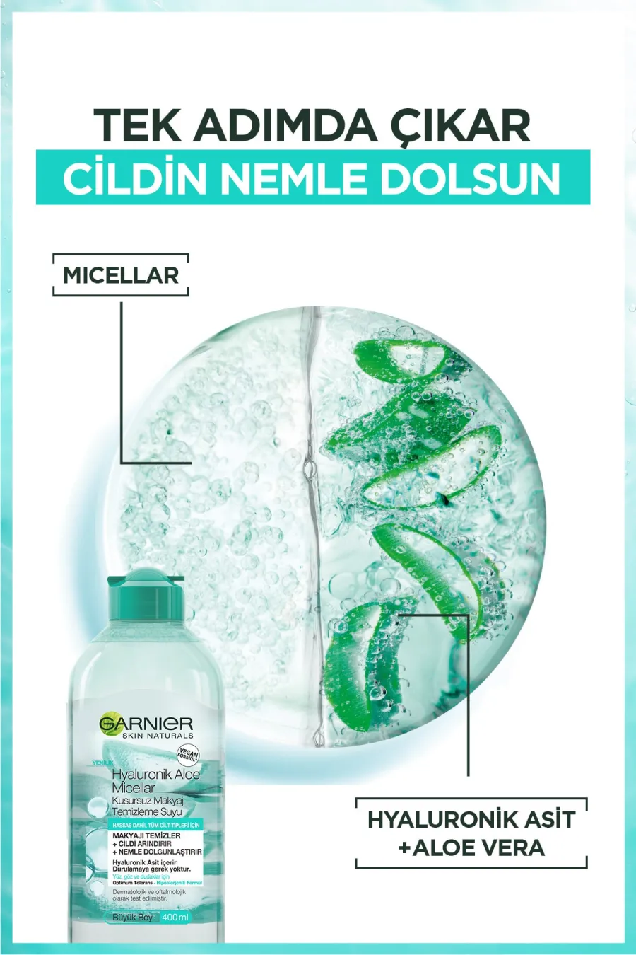 پاک کننده سریع و ملایم آرایشحاوی آلوورا و هیالورونیک اسید Hyaluronik Aloe Micellar Kusursuz Makyaj Temizleme Suyu 400ml گارنیر Garnier میسلار وارتر هیالورونیک