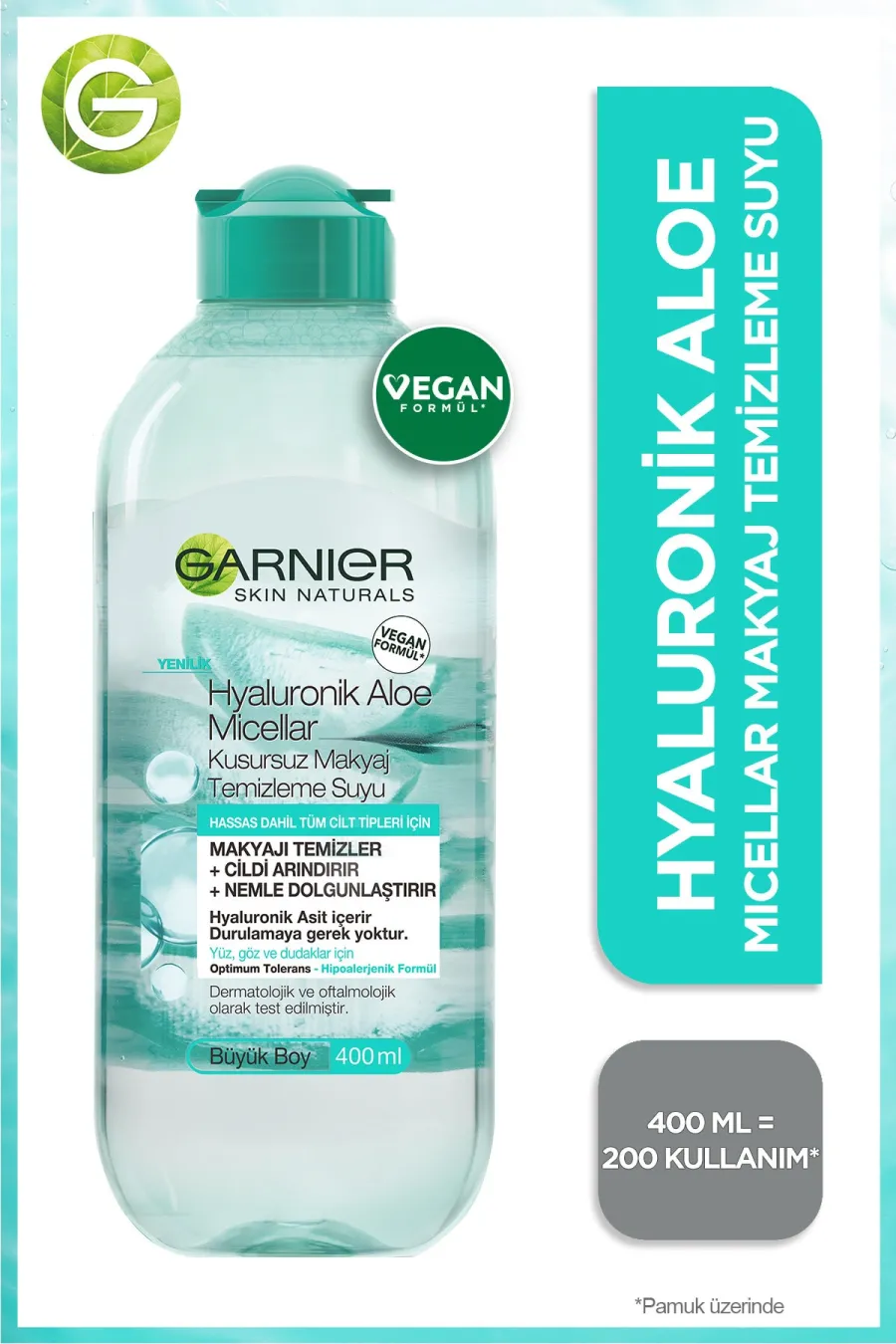 پاک کننده سریع و ملایم آرایشحاوی آلوورا و هیالورونیک اسید Hyaluronik Aloe Micellar Kusursuz Makyaj Temizleme Suyu 400ml گارنیر Garnier میسلار وارتر هیالورونیک